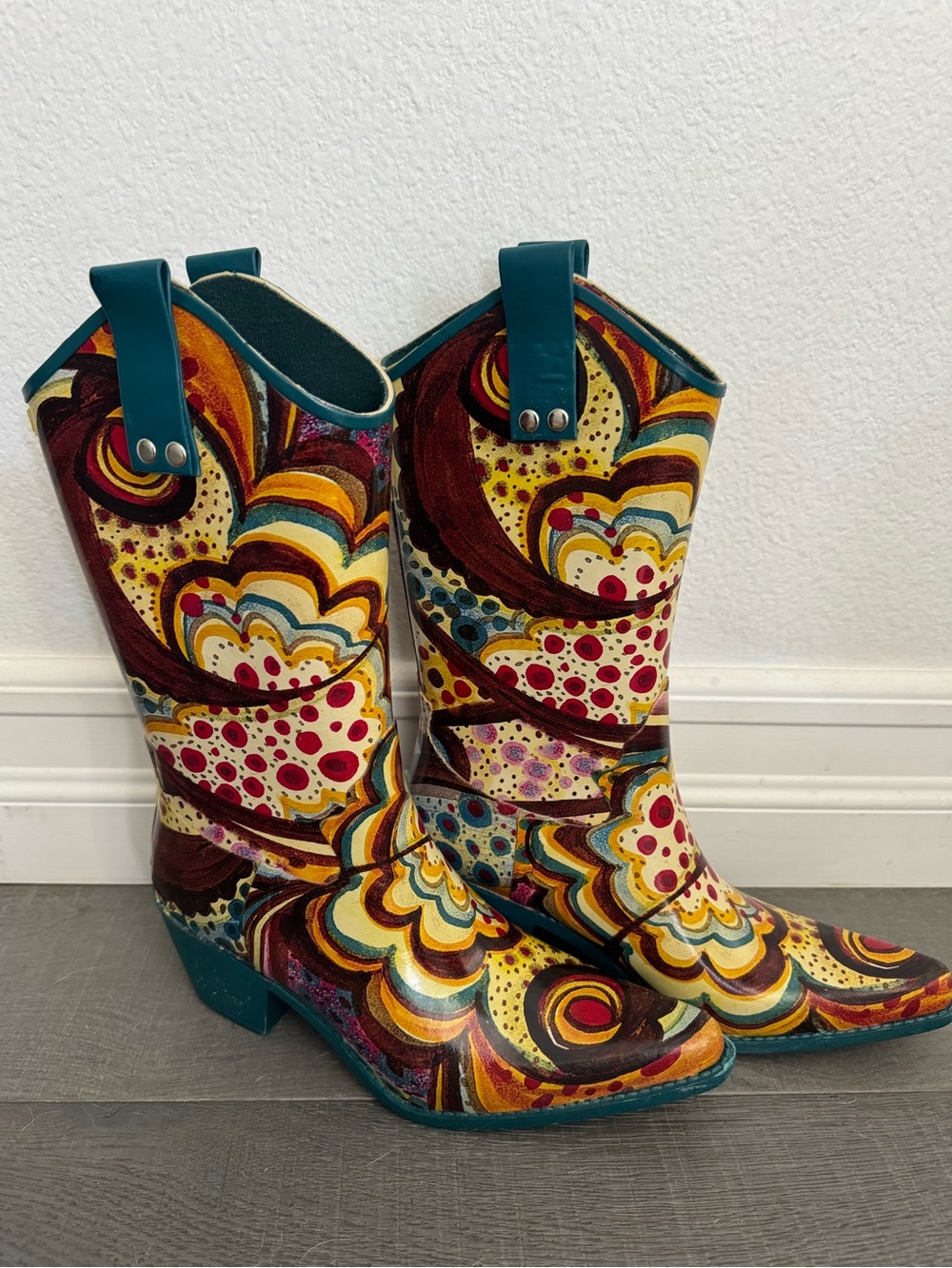 Nomad Yippy Waterproof cowboy-style rain boots Size 7/37 Turquoise Monet print